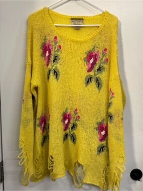 Wildfox White Label Yellow Floral Distressed Pullover Knit Sweater Fringe Detail